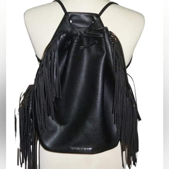 Victoria's Secret Large Black Faux Leather Fringe Drawstring Backpack Tote Purse - Picture 2 of 11